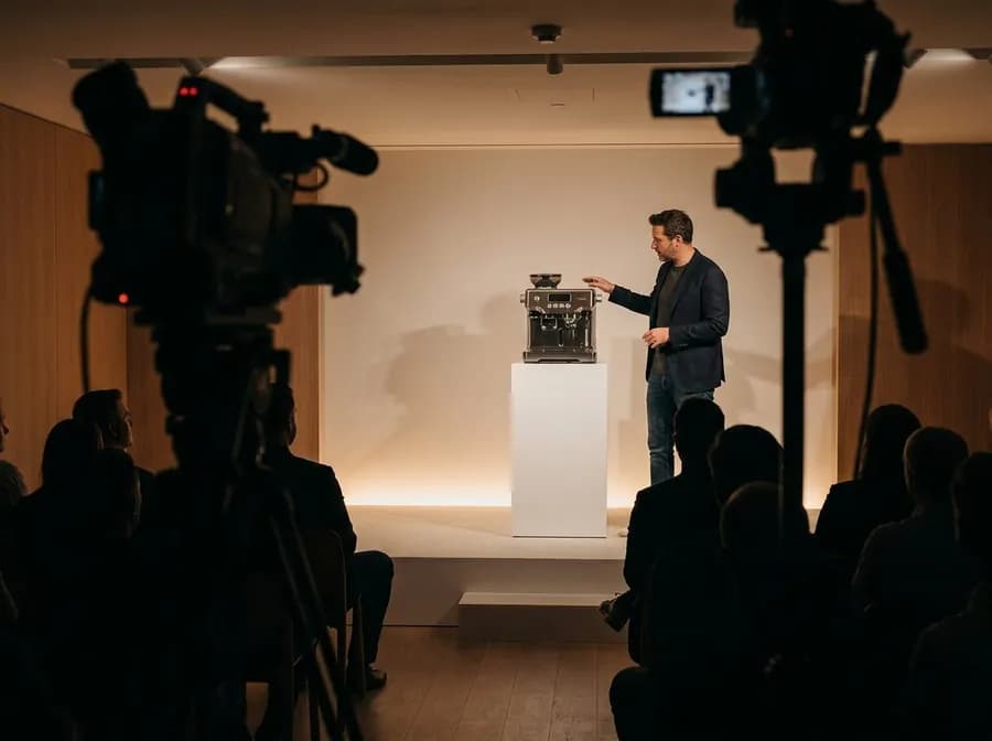 A product launch on a small stage with cameras